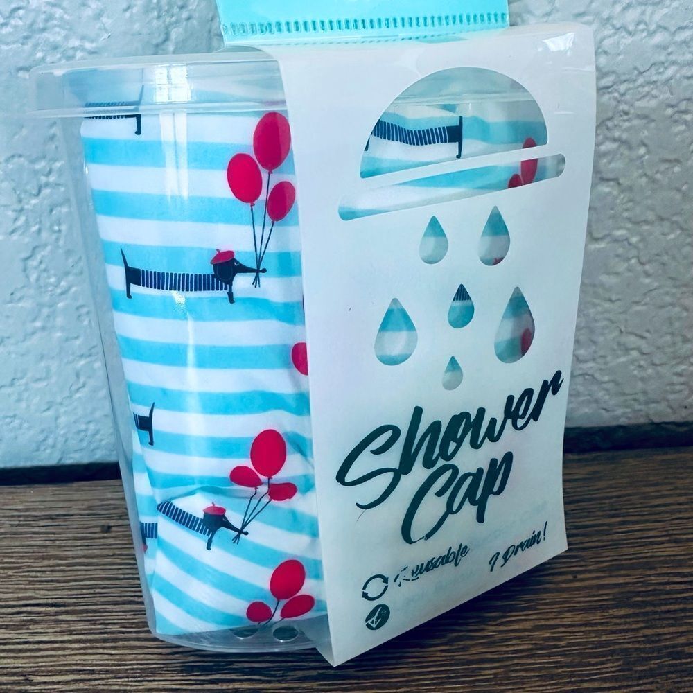 Dachshund Dog Balloons Striped Shower Cap & Storage Container